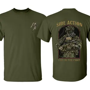 Gas Mask Operator Stay In The Fight Side Action Tee, Patriotic Military Graphic Tee, Perfect Gift for Veterans and Soldiers, Unisex Cotton Short Sleeve Shirt for Daily Wear, Outdoor Activities & Casual Street Style