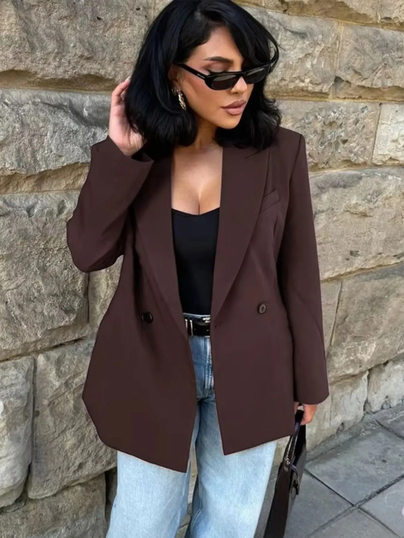 Women's Four-Season Fashion Casual Double-Breasted Waistcoat Jacket, Lapel Long Sleeve Solid Asymmetrical Coat, Elegant Office Style, Simple Daily Wear