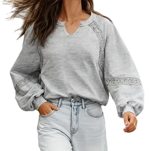 Womens Sweatshirt Lantern Long Sleeve V Neck Lace Patchwork Casual Loose Pullover Fall Tops Womenswear Grey Hoodie Polyester Vneck