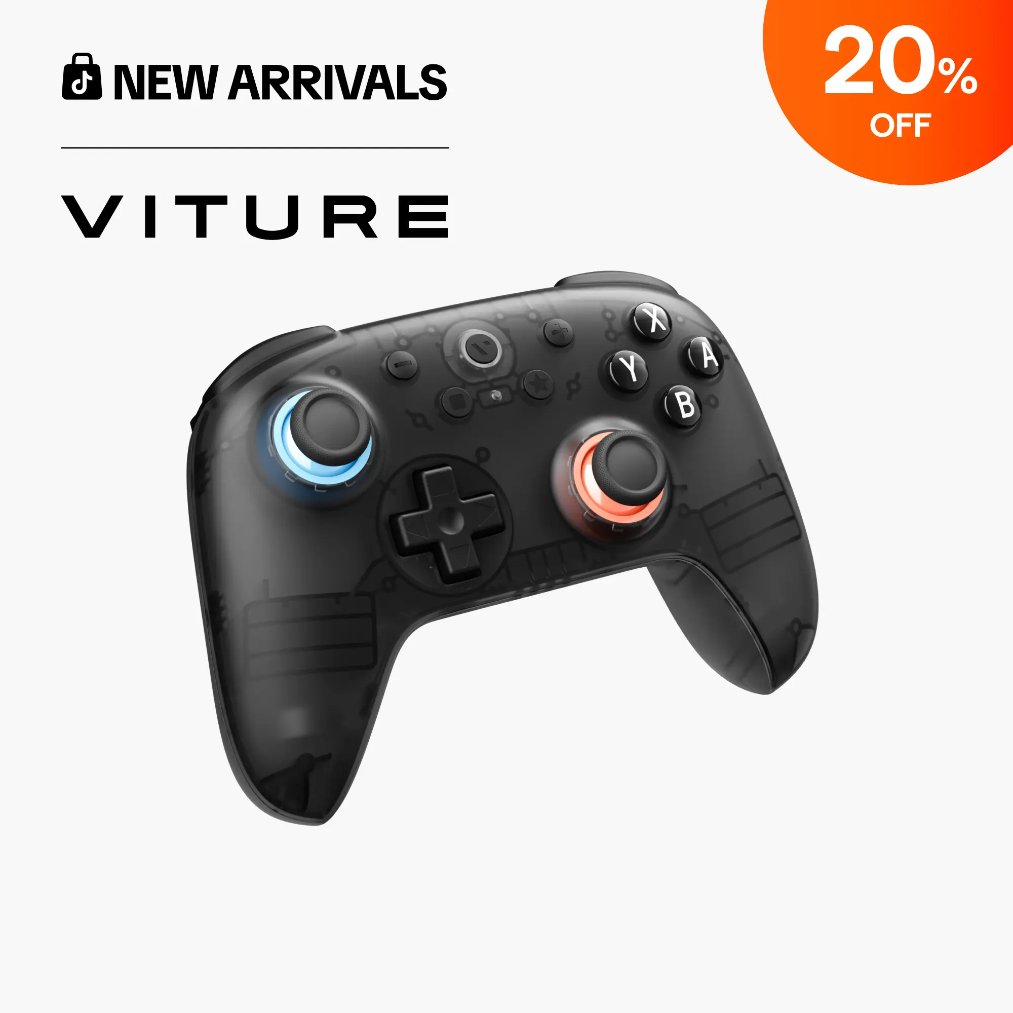 VITURE × 8BitDo Ultimate 2C Bluetooth Gaming Controller for Switch & Switch 2 | 6-Axis Motion Control | Hall Effect Joysticks | Rumble Vibration | Turbo Function | Wake on Shake | Smoky Translucent