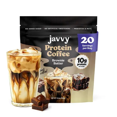Javvy Brownie Batter Protein Iced Coffee Beverage - Premium Whey Protein Instant Iced Coffee, 100% Natural Cold Brew, 0 Artificial Flavors & Sweeteners, 80 mg Caffeine, No Added Sugar, 20 Servings