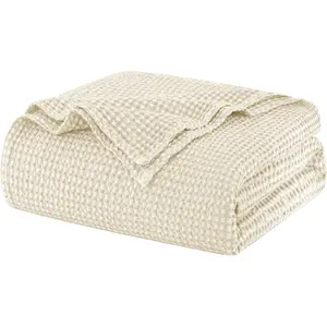 100% Cotton Blanket Queen Size for Bed - and Summer Cooling Lightweight & Breathable Bedding -Soft Waffle Weave Christmas Blanket, Machine Washable,Beige,90x90 Inches