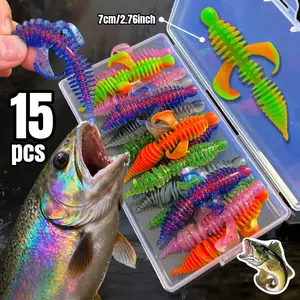 15pcs assorted color soft fish baits 7cm/2.76inch with wings containing glitter tail hook baits suitable for black bass, carp, swimming bait, comes with a storage box