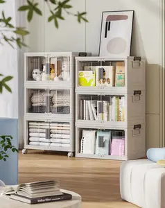 Stackable Storage Bins with Lids - Folding Storage Box with Doors and Wheels Collapsible Plastic Storage Bins for Closets - 6 Pack Cubes (Warm Gray)