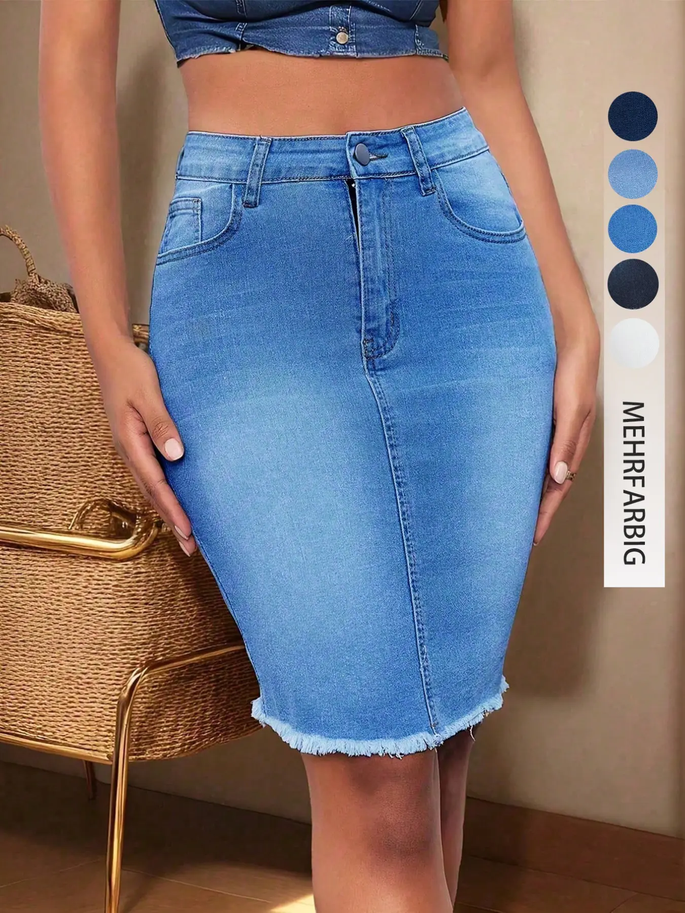 Women's Denim Medium Wash Bodycon Skirt, Elastic Slim Fit, Button, Faux Fur Trim, Knee Length A-Line Dress, Spring & Fall Chic Elegant Fashion, Casual Bottoms