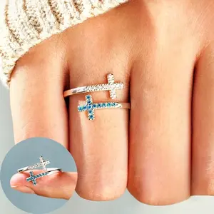 1 Elegant  Adjustable Cross Ring with Blue & Clear Cubic Synthetic Synthetic Zirconia - Chic Daily Wear or Gift-Ready Jewelry, Vintage Jewelry