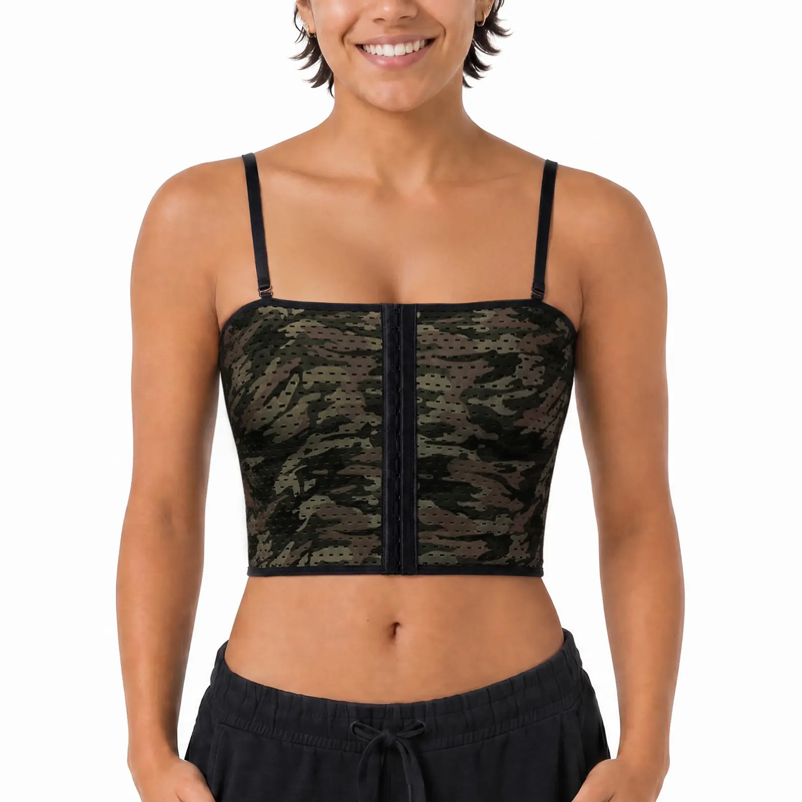 CuteStreet FTM Mesh Chest Binder Camo with Removable Straps,Camouflage Mesh Design with Removable Straps, 3-Row Front Hook, Cool Breathable Binder for Trans, Tomboy, Gender Affirming Fit