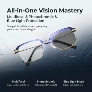 Progressive Reading Glasses with Photochromic Lenses & Blue Light Filter – Multifocal Vision for Near & Intermediate Use, Lightweight Everyday Wear