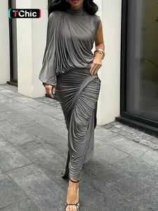 Women's Solid Slim Long Skirt 2 Piecs Set, French Style Half High Neck One Shoulder Long Sleeve Crop Top + Bodycon Pleated Skirt Suit, Elegant Chic Casual Lady Clothing for Spring + Summer, Fall outfit