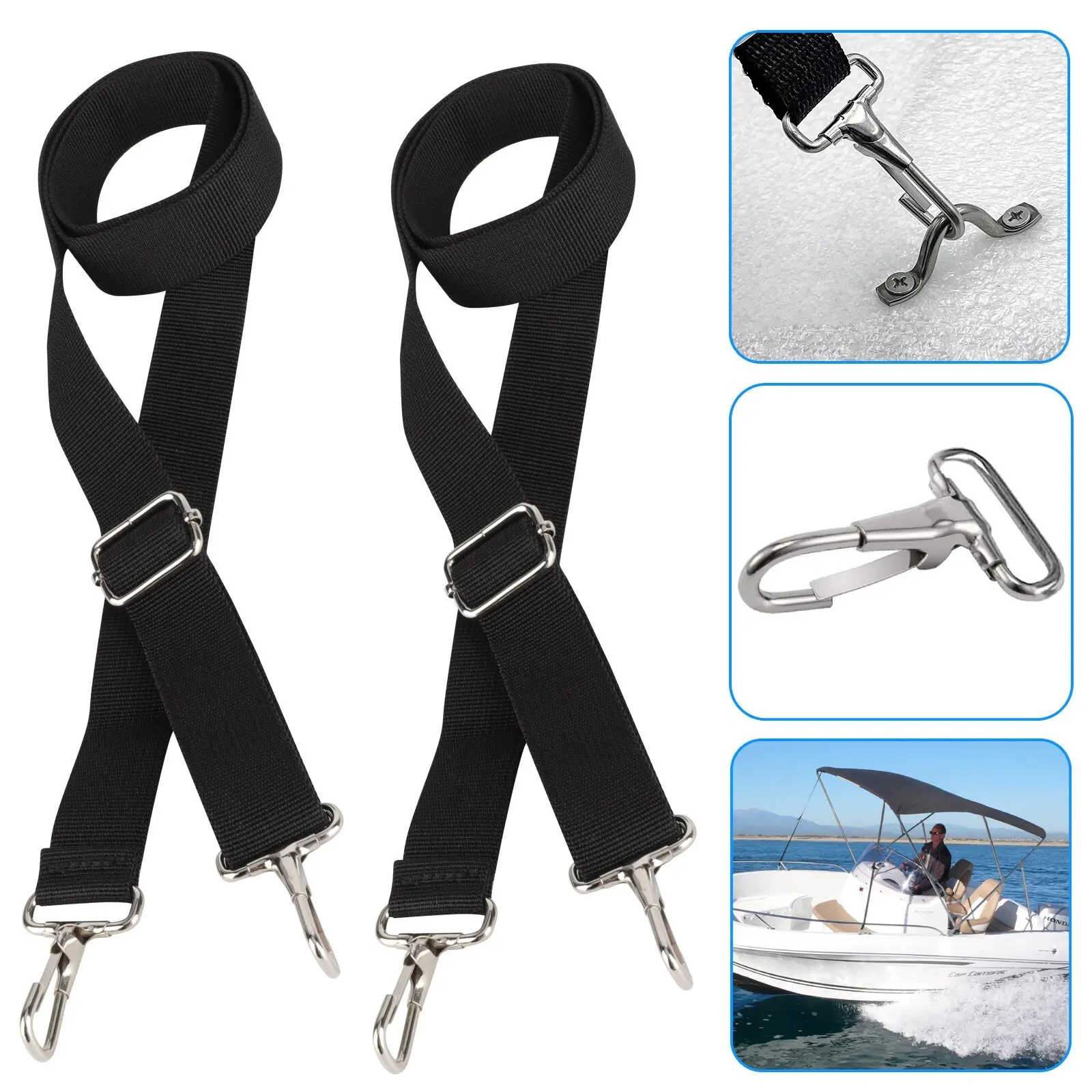 2PCS Adjustable Bimini Top Tie Down Webbing Straps with Loop Snap Hooks Hardware