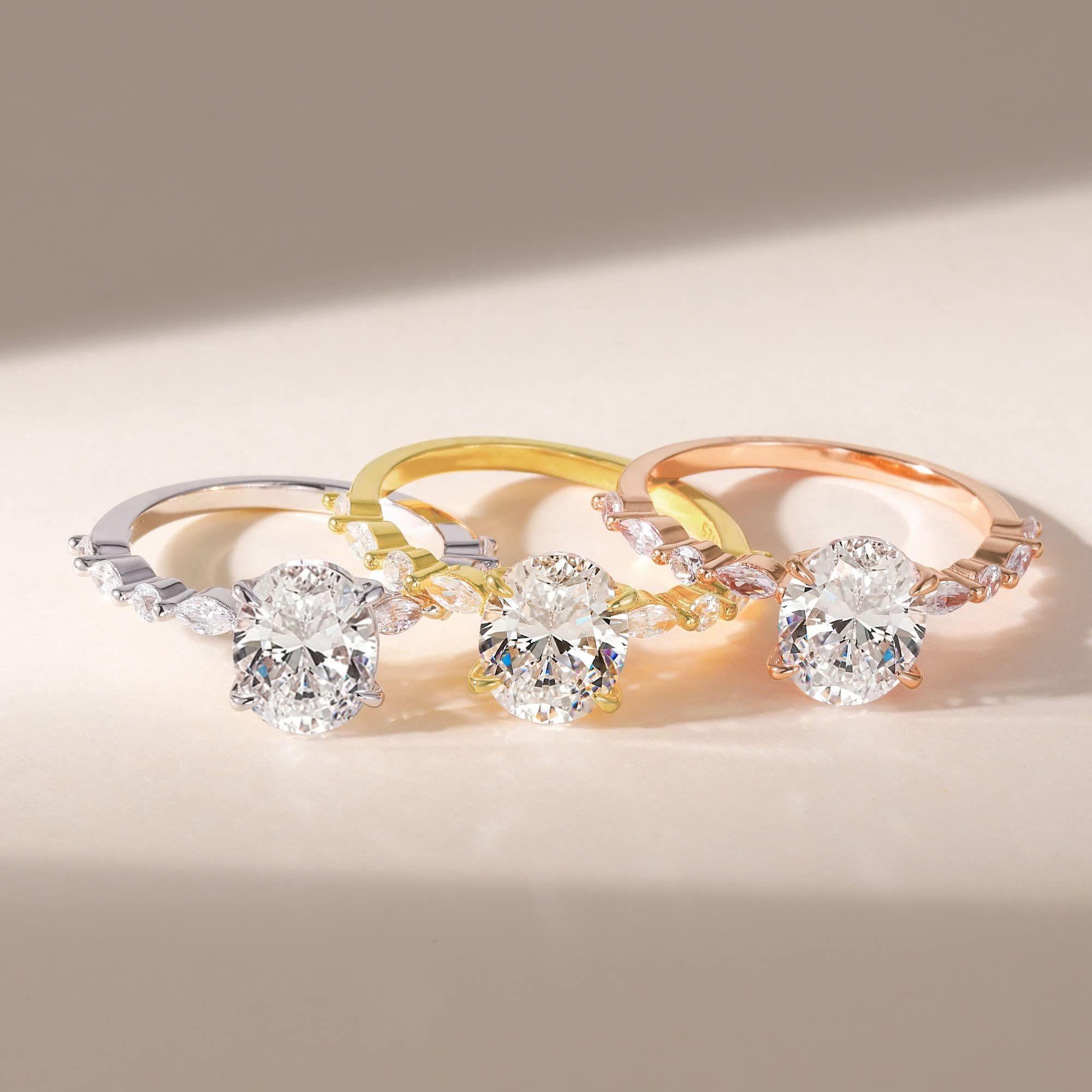 EAMTI 14K Gold Plated Engagement Ring 3 Carats Oval Cut Cubic Zirconia Wedding Solitaire Halo Promise Ring for Women