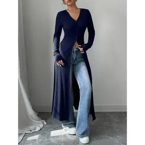 Longline V-Neck Button-Front Cardigan