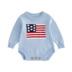 Baby Boy Girl 4th of July Sweater Romper USA Flag Knit Bodysuit Long Sleeve Patriotic Casual Loose Fit Fall Summer Jumpsuit