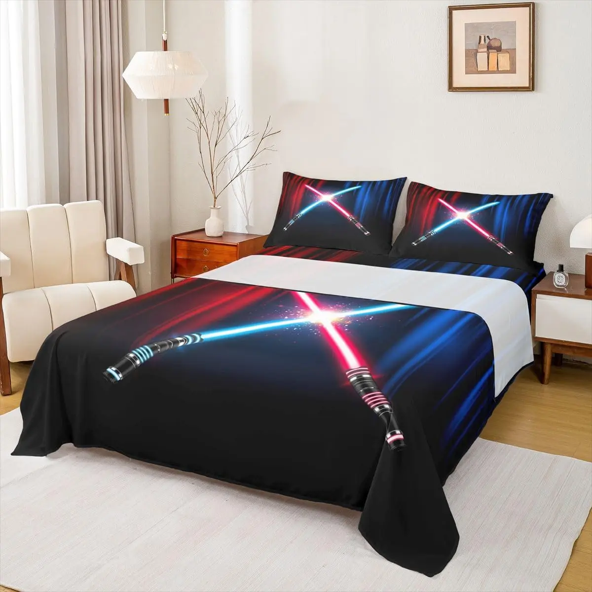 Neon Light Lightsaber Sheet Set Geometric Red Blue Abstract Ombre Bedding Set Adult Bedroom Decor Video Games Bed Sheet Fashion Black Fitted + Flat Sheet