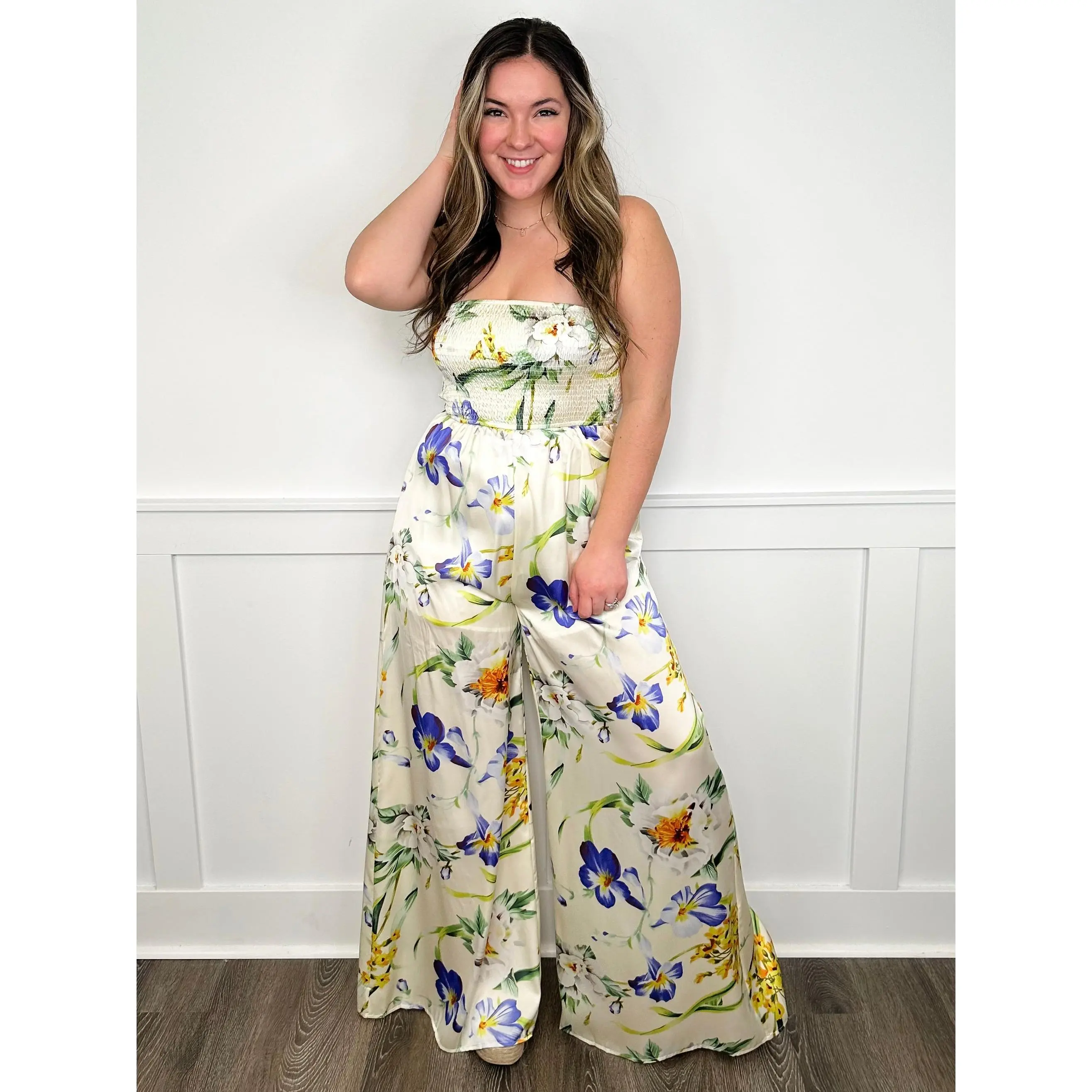 Women's Avery Mae Satin Jumpsuit, Cream & Floral Print Wide Leg Outfit with a Very Stretchy Smocked Waist, Elegance, Polyester, True To Size, Outfits, 1Xl, 2Xl, 3Xl, Large, Satin Cream, Sleeveless, Overalls, Bottom, Soft, Wide Legs, Inclusive Sizes, Fabri