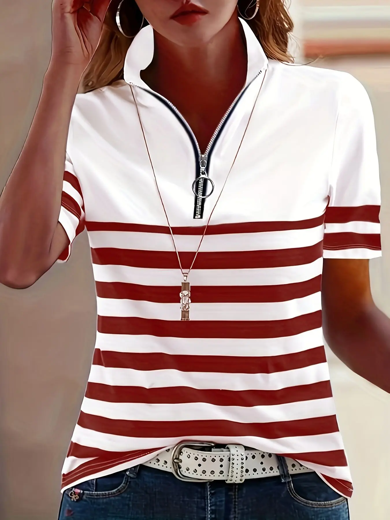 Women's Striped Collared Stand Collar Half-Zip Short Sleeve T-Shirt, Elegant Aesthetic Elegance Fitted Top, Multicolor, Casual Office Wear, European Style, Womenswear, Striped Polo Shirts