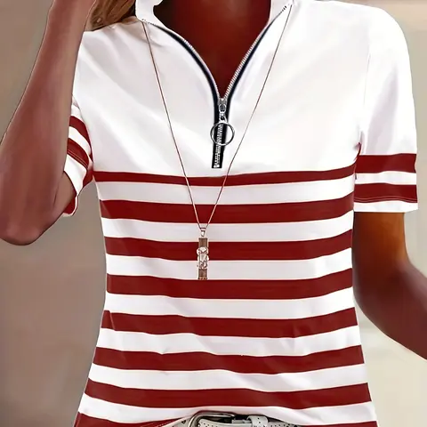 Women's Striped Stand Collar Half-Zip Short Sleeve Top, Collared Polo, Elegant Fitted Top, Multicolor, Casual Office Wear, European Style, Womenswear, Half-Zip Tops, Elegance