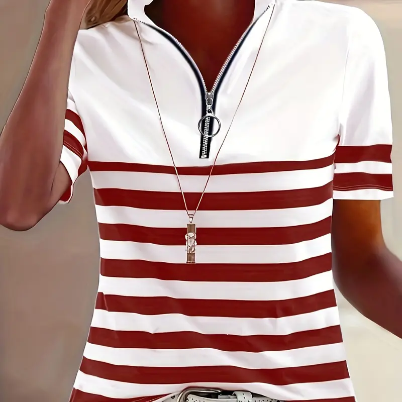Women's Striped Stand Collar Half-Zip Short Sleeve Top, Collared Polo, Elegant Fitted Top, Multicolor, Casual Office Wear, European Style, Womenswear, Half-Zip Tops, Elegance