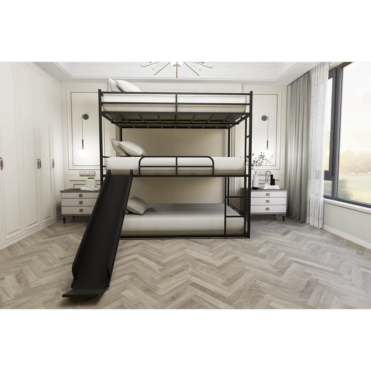 Black Full Size Metal Frame Loft Bunk Bed with Slide, Ladder, Built-in Supports, Side Shelf, Whimsical Playhouse Look - Kids' Indoor Furniture Bed Frame
