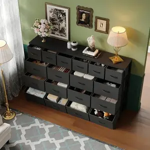 63''W Dresser with 18 Fabric Drawers Dresser for Bedroom with Charging Station, Lager Sturdy Bedroom Dressers, Steel Frame, Wood Top, 63" W*39" H*11.8" D (Black)