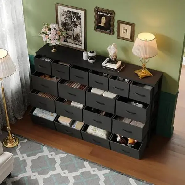 63''W Dresser with 18 Fabric Drawers Dresser for Bedroom with Charging Station, Lager Sturdy Bedroom Dressers, Steel Frame, Wood Top, 63" W*39" H*11.8" D (Black)
