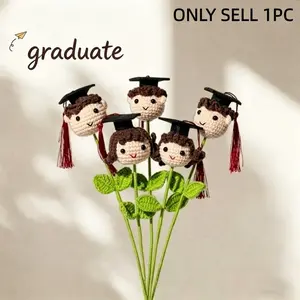 1pc Handmade Crochet Graduation Flower with Doctoral Cap, Knitted Yarn Artificial Flower Decoration, Creative Graduation Party Decor & Unisex Gift for Teacher, Friend, Graduation Season