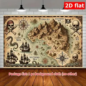 1pc 2D Flat ,  Treasure Island Pirate Map Backdrop -  Polyester Pirate Shipwreck Banner with Skeletons, Treasure Chests & Compass Rose - Perfect for Birthday Parties, Home & Garden Celebration