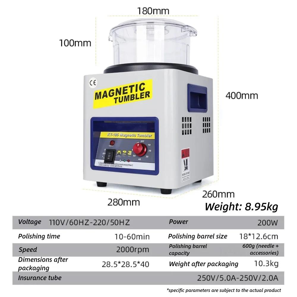 Professional JH-185 Magnetic Tumbler Jewelry Polisher - 60min Timer Magnetic Polishing Machine with 200g 0.3# Magnetic Pins for Gold Silver Jewelry Finishing