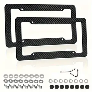 2PCS Carbon Fiber License Plate Frame Set - Stylish Black Finish, SecureFit Mounting For Front & Rear, Rust-resistant, With Noise-Canceling Rattle Proof Pads And Premium Screw Caps, U. S. Area License Plate Frame