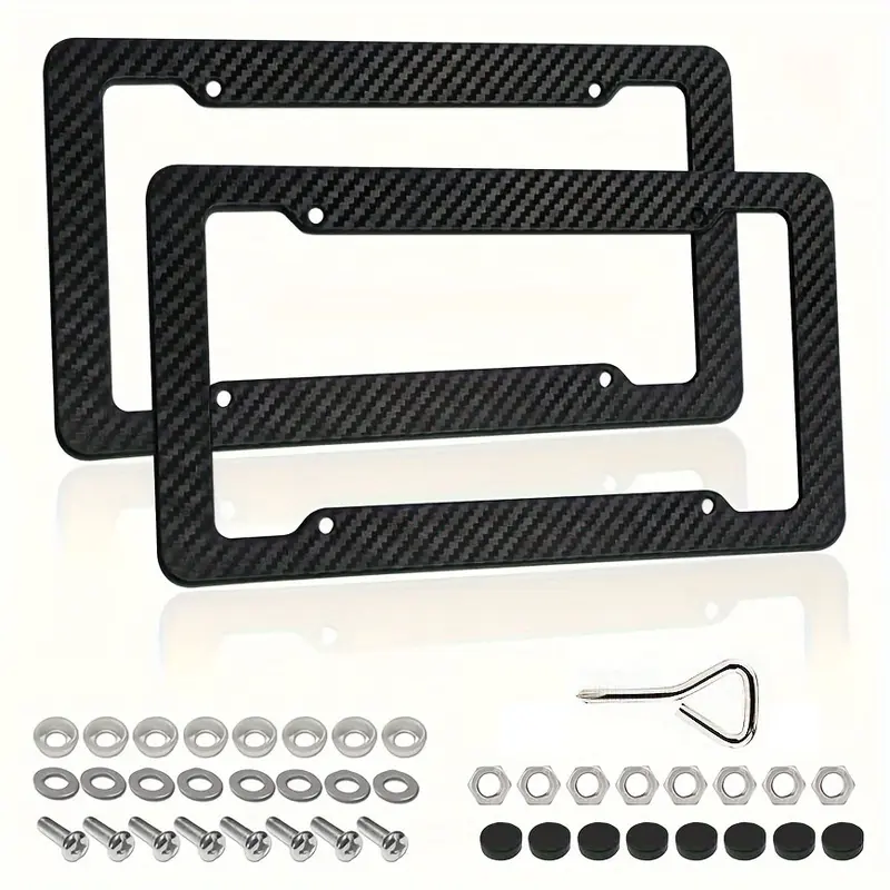 2PCS Carbon Fiber License Plate Frame Set - Stylish Black Finish, SecureFit Mounting For Front & Rear, Rust-resistant, With Noise-Canceling Rattle Proof Pads And Premium Screw Caps, U. S. Area License Plate Frame
