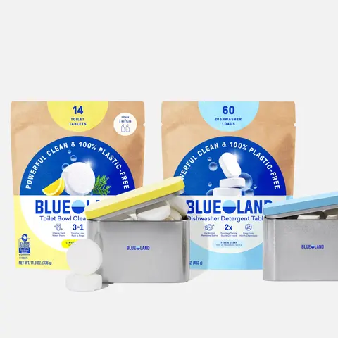 Blueland Dishwasher & Toilet Bowl Cleaner Kit, Mineral & Plant-Based Tablets with Storage Tins, Fragrance-Free & Lemon Cedar