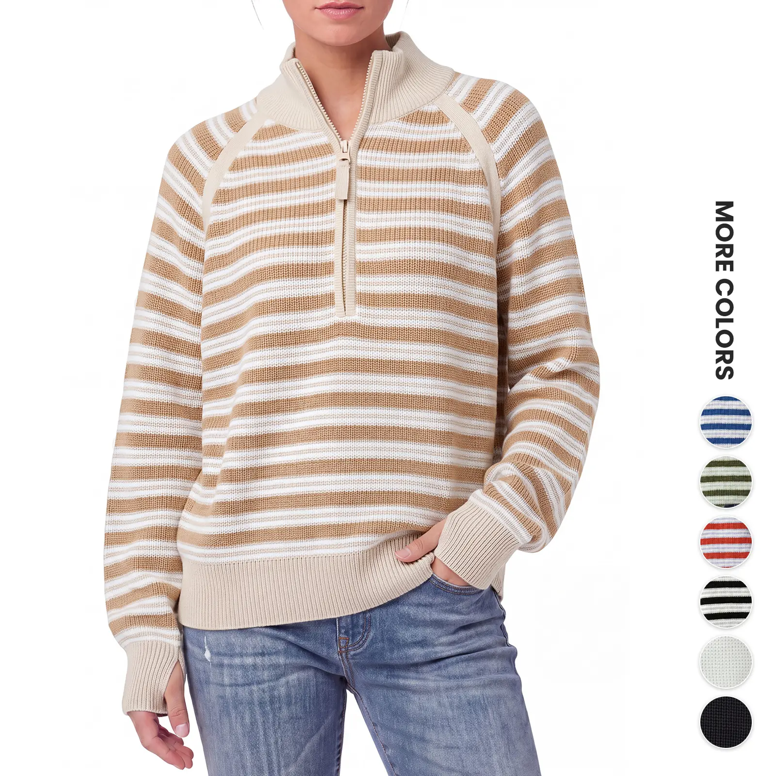 Renaishow Sweaters for Women Half Zip Striped Pullover Ribbed Knit Tops | Long Sleeve, Quarter Zip, Casual, Oversized, Turtleneck, V Neck, 2026 Fall Winter