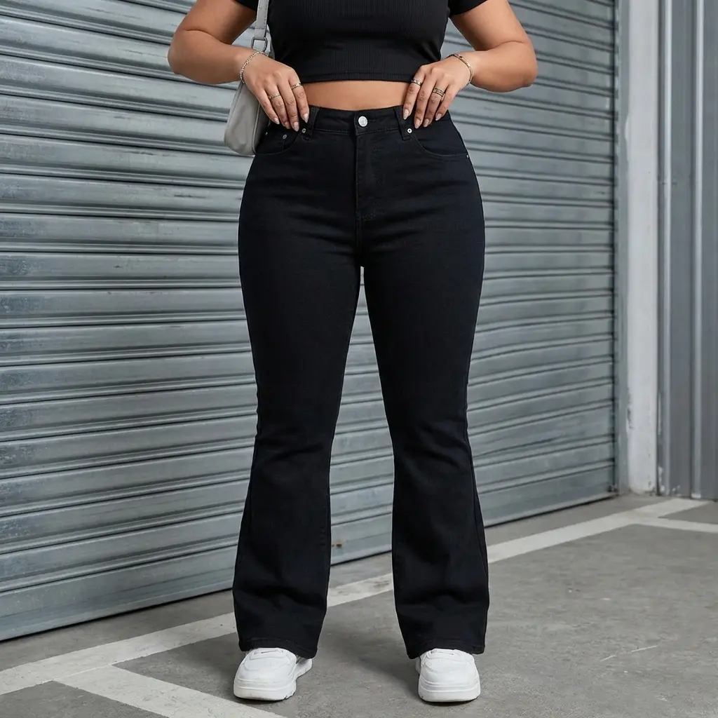 Women's Plus Size Vintage High-Waisted Flare Jeans, Cropped High-Stretch Cotton Viscose Denim with Pockets, Pocket, Trouser, Bottom, Lady, Pants, Minimalist, Casual Wear, Fit