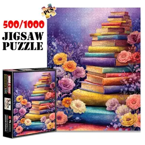 1pc 1000 piece adult puzzle 70x50cm Stack of Colorful Books with Floral Decor500 pieces of paper jigsaw puzzle, suitable for adults and families, large-scale DIY puzzle interactive toy games, birth