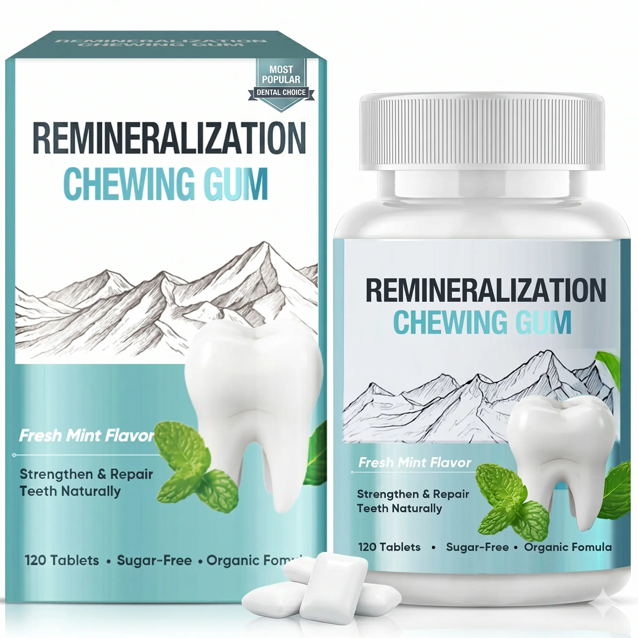 Sugar-Free Remineralizing Chewable Gum - GMP Certified Organic Formula with Nano Calcium & Phosphates, Fresh Mint Flavor, Enamel Support & Tooth Repair, 120 Tablets in Bottle for All Ages Daily Oral Care (12 Months Shelf Life)