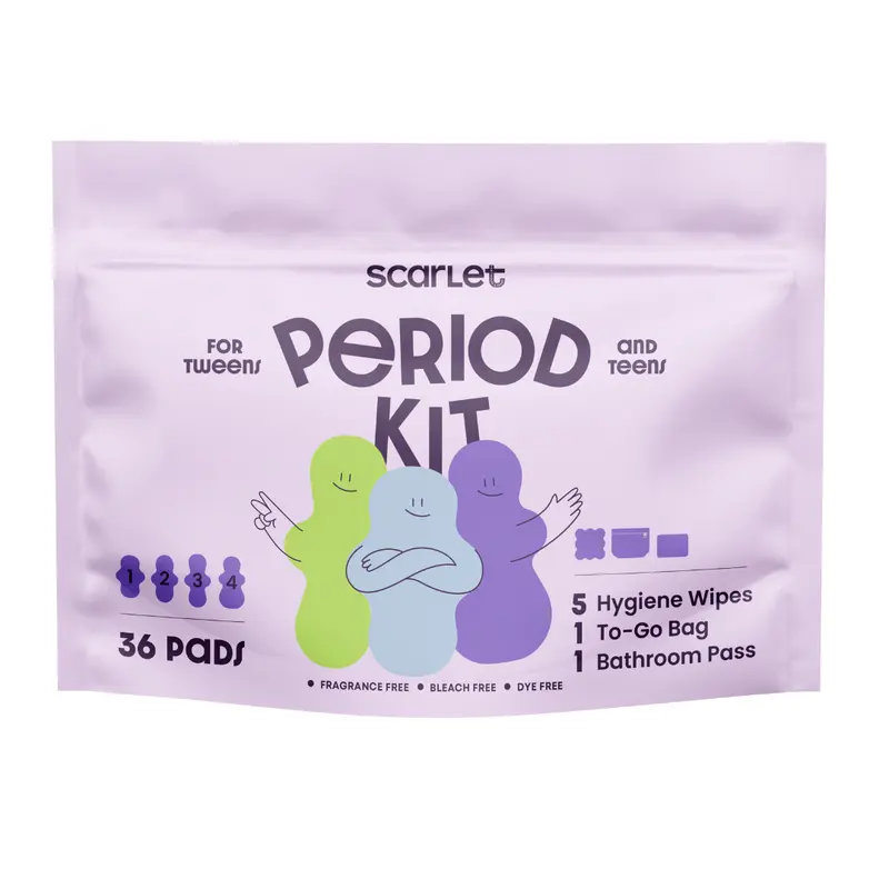 Scarlet by RedDrop Period Kit for Tweens and Teens - 36 Pads, 5 Hygiene Wipes, Reusable Pouch, Puberty Guide, 8-Part Video Series