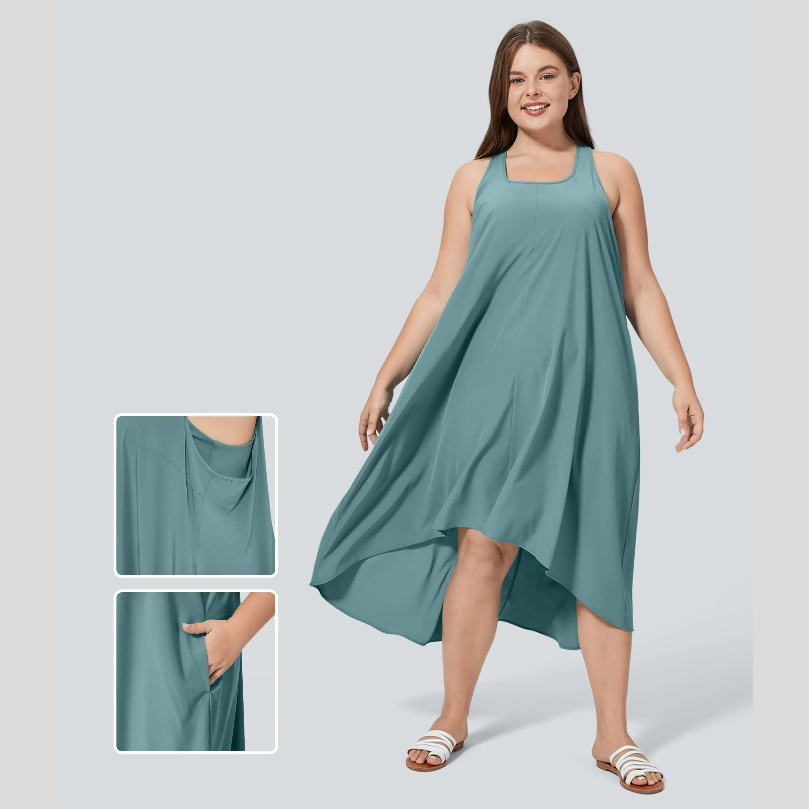 Halara Breezeful Backless Racerback Side Pocket High Low Flowy Midi Quick Dry Casual Plus Size Dress