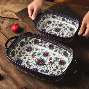 2 Pieces Floral Baking Pan, Vintage Ceramic Lasagna Pans Baking Dish with Handles for Oven/Cooking/Kitchen, Non-Stick & Stackable Tableware
