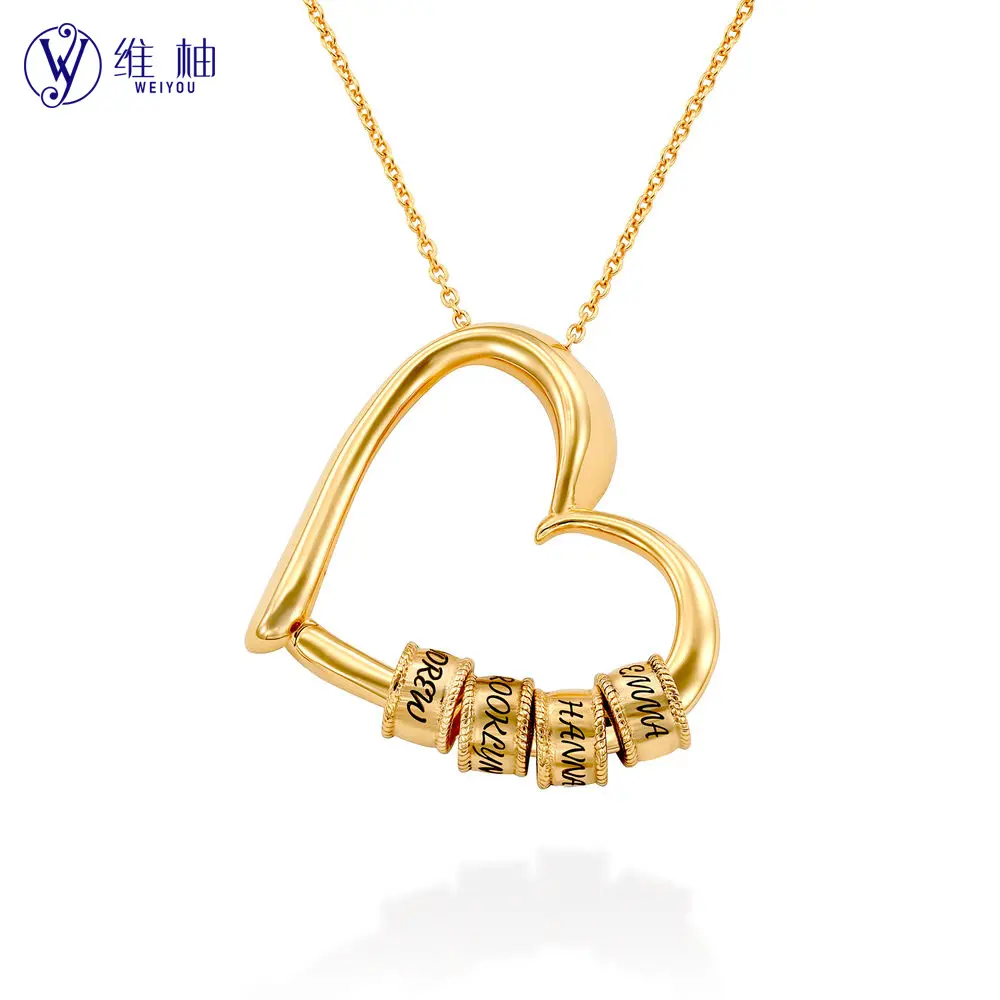 WEIYOU Heart-shaped Love Engraving Necklace Personalized Name Beaded Love Necklace Christmas Gift Copper Pendant Stainless Steel Chain Silver Gold Rose Gold