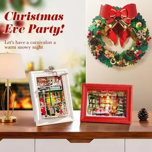 Graduation Gift Rolife DIY Miniature Christmas House Kit 3D Wall-Mountable Dollhouse Mini Room Building Set with Bright Red Frame for Adults Christmas Eve Party Decor