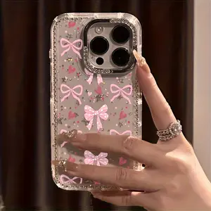 Creative pink heart and bowknot pattern, shockproof and anti-slip TPU electroplated phone case with four-corner airbag protection, suitable for iPhone 17, 16, 15, 14, 13, 12, 11, XS, X and other series models. It can be given as a gift to friends