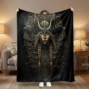 1pc Viking Culture Valkyrie Flannel Blanket, Symmetrical Mjölnir and Raven Guardian Pattern, Golden Retro Warrior Tribal Symbol Print, Sofa/Bedroom/Car/Travel Throw Blanket, Creative Home Decor Chri