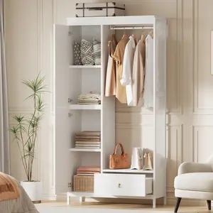 Garvee Modern Armoire Wardrobe Closet, Wood and Metal Frame Clothes Storage Organizer with Double Closed Doors, Open Hanging Rod, Bottom Drawer, Freestanding Bedroom Furniture for Small Spaces, White