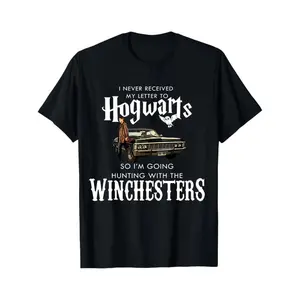 [Christmas Gift] Black T-Shirt with Hogwarts & Winchesters Hunting Graphic, Casual Tee for Fans of Harry Potter & Supernatural, Adult & Youth Holiday Shirt, Unisex Fan Outfit, Geek Holiday Top, Festive Party Graphic Tee