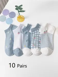 Women's Cute Strawberry Grid Breathable Socks, 10 Pairs, Perfect for Sports Shoes, Spring Gift Socks, Comfortable and Stylish