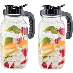 2 Quart Glass Mason Jar Pitcher With Lid 2 Set 64 Oz Wide Mouth Cold Hot Water Pitcher Half Gallon Sun Tea Coffee Jug Carafe For Fridge Lemonade, Beverage,Milk,Juice, Cold Brew Iced Tea Container