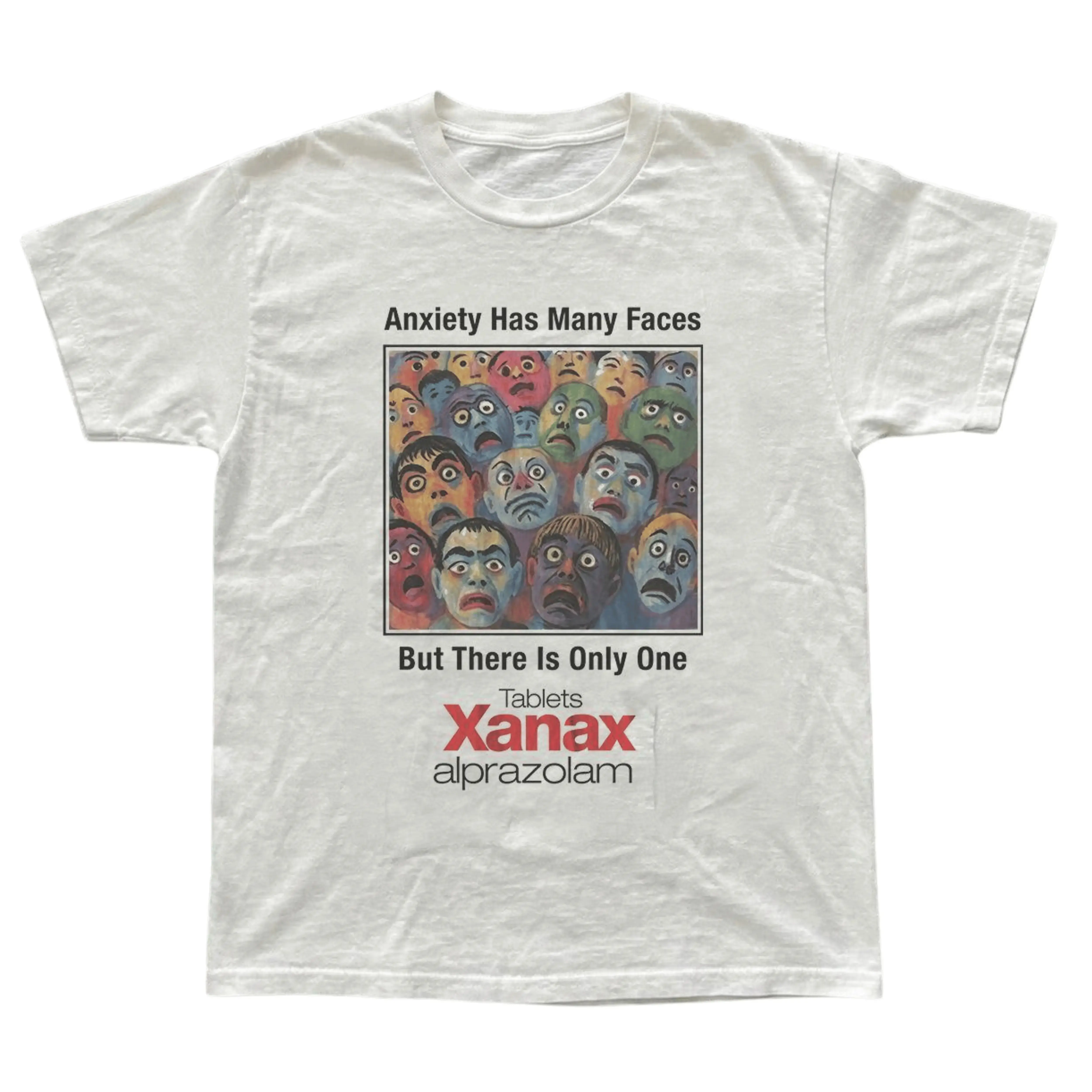 Women's Classic Short-Sleeve Polyester Breathable Fabric White T-Shirt - Vintage Style Xanax "Anxiety Has Many Faces" Seamless Graphic, Vintage Medical Ad Pharma Meme, Sarcastic Mental Health Streetwear Gift for Him