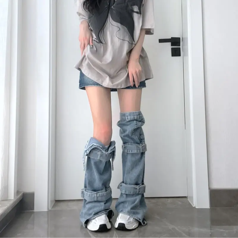 Y2K Baddie Washed Denim Leg Warmers Tie-Up Design Stackable lrregular Calf Subculture Niche Vintage Trendy Fashion Sleeves