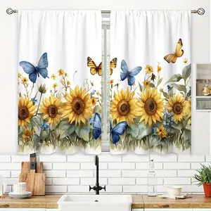 [Kitchen Curtains] 2pcs Sunflowers and Butterflies Kitchen Curtains Small Short Cafe Window Curtains Rod Pocket Bathroom Window Drapes Tier for Kitchen Living Room Office Bedroom Home Decoration 39.9x27.5 Inch