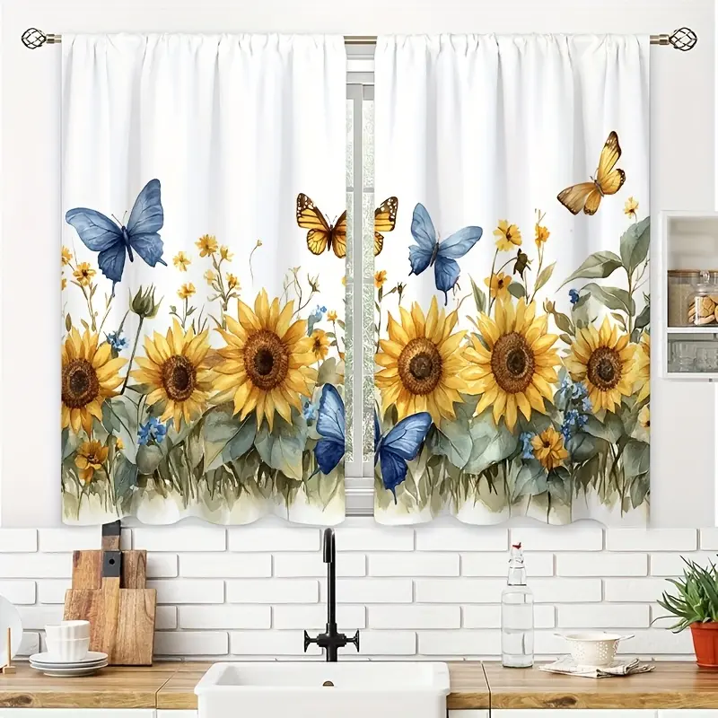 [Kitchen ] 2pcs Sunflowers and Butterflies Kitchen  Small Short Cafe Window  Rod Pocket Bathroom Window Drapes Tier for Kitchen Living Room Office Bedroom Home Decoration 39.9x27.5 Inch casual decor party high ceiling curtains room decor set